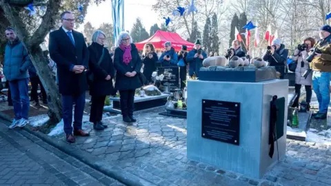 IPN K. Łojko Seorang pria dan dua wanita berdiri di sebelah kiri sebuah tugu peringatan besar dengan patung sepatu di atasnya 